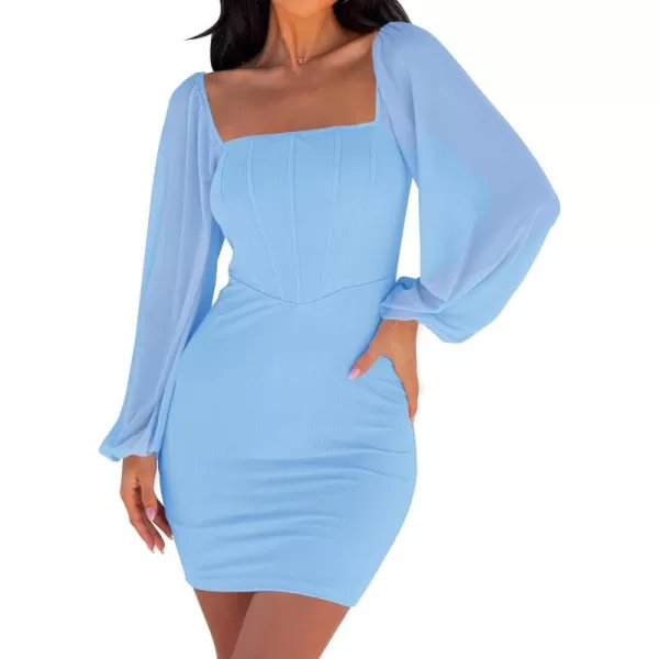 imageZESICA Womens 2024 Summer Puff Long Sleeve Square Neck Ruched Bodycon Cocktail Party Club Short Mini DressLightblue