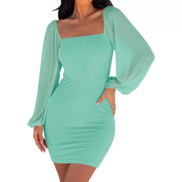 imageZESICA Womens 2024 Summer Puff Long Sleeve Square Neck Ruched Bodycon Cocktail Party Club Short Mini DressMint