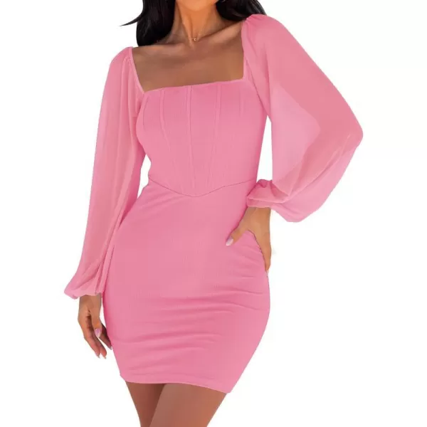 imageZESICA Womens 2024 Summer Puff Long Sleeve Square Neck Ruched Bodycon Cocktail Party Club Short Mini DressPink