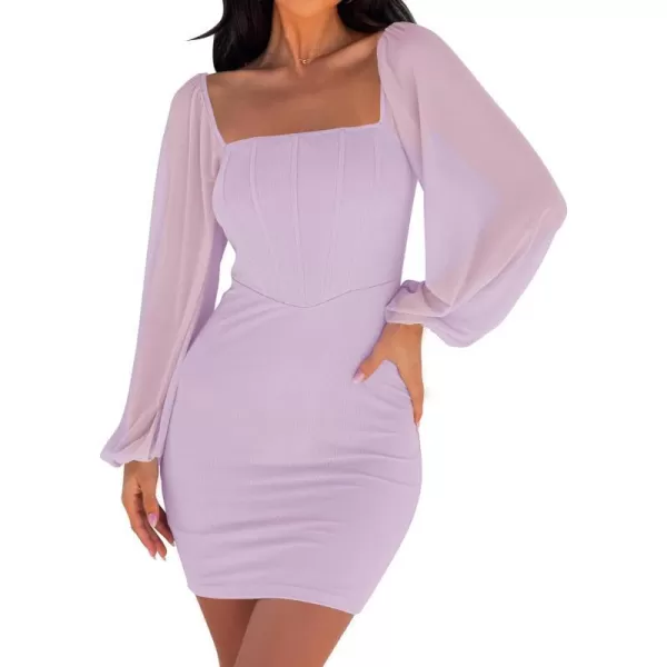 imageZESICA Womens 2024 Summer Puff Long Sleeve Square Neck Ruched Bodycon Cocktail Party Club Short Mini DressPurple