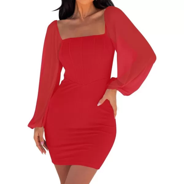 imageZESICA Womens 2024 Summer Puff Long Sleeve Square Neck Ruched Bodycon Cocktail Party Club Short Mini DressRed