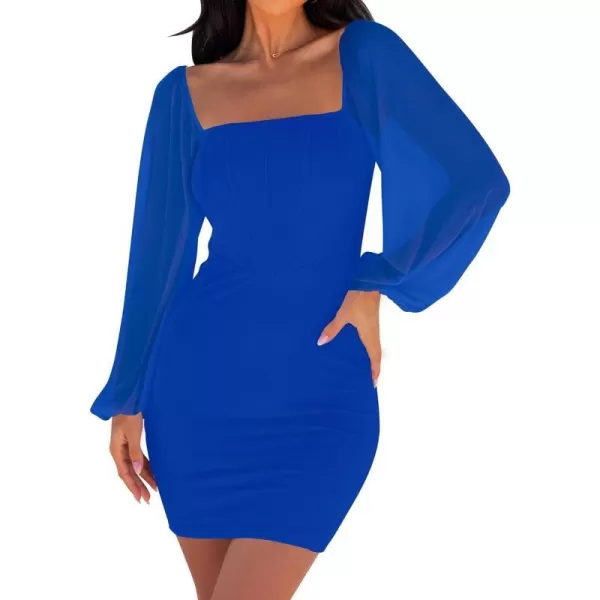 imageZESICA Womens 2024 Summer Puff Long Sleeve Square Neck Ruched Bodycon Cocktail Party Club Short Mini DressRoyalblue