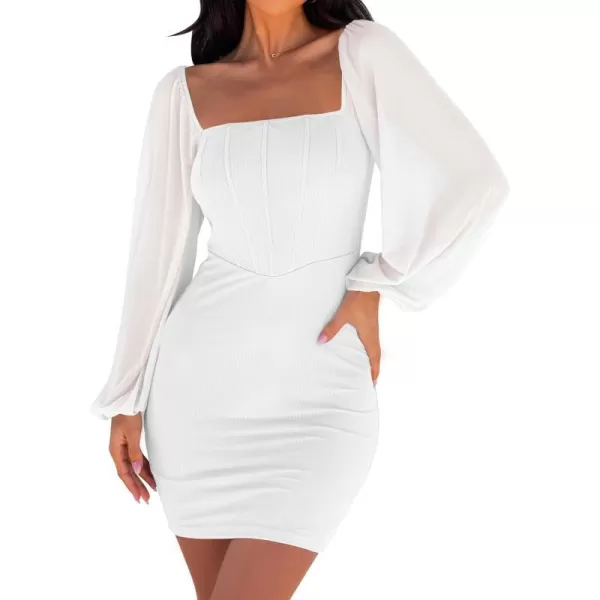imageZESICA Womens 2024 Summer Puff Long Sleeve Square Neck Ruched Bodycon Cocktail Party Club Short Mini DressWhite