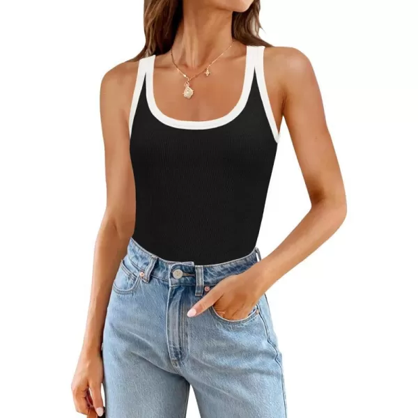 imageZESICA Womens 2024 Summer Ribbed Color Block Tank Tops Casual Knit Scoop Neck Sleeveless ShirtsBlack