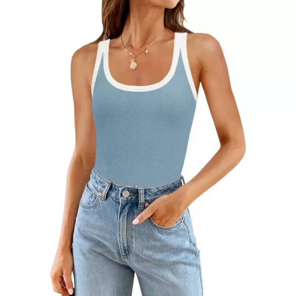 imageZESICA Womens 2024 Summer Ribbed Color Block Tank Tops Casual Knit Scoop Neck Sleeveless ShirtsBlue