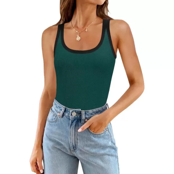 imageZESICA Womens 2024 Summer Ribbed Color Block Tank Tops Casual Knit Scoop Neck Sleeveless ShirtsDark Green