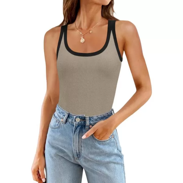 imageZESICA Womens 2024 Summer Ribbed Color Block Tank Tops Casual Knit Scoop Neck Sleeveless ShirtsKhaki