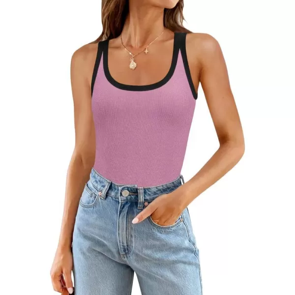 imageZESICA Womens 2024 Summer Ribbed Color Block Tank Tops Casual Knit Scoop Neck Sleeveless ShirtsPink Purple