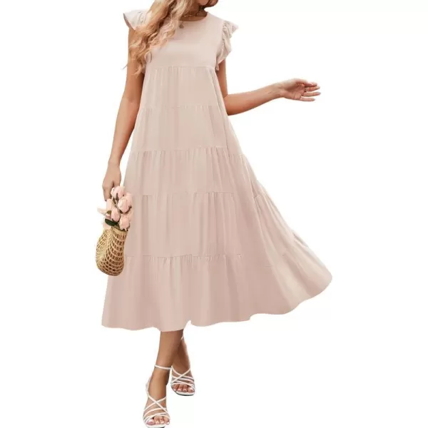 imageZESICA Womens 2024 Summer Ruffle Cap Sleeve Crewneck Casual Loose Flowy Pleated Tiered Midi Dresses with PocketsApricot