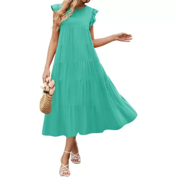 imageZESICA Womens 2024 Summer Ruffle Cap Sleeve Crewneck Casual Loose Flowy Pleated Tiered Midi Dresses with PocketsAqua