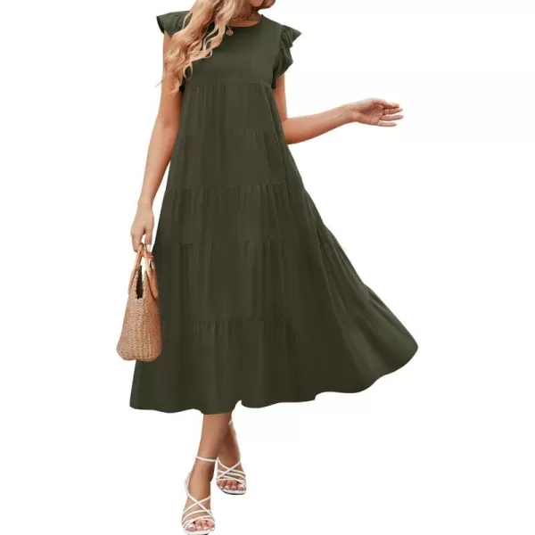 imageZESICA Womens 2024 Summer Ruffle Cap Sleeve Crewneck Casual Loose Flowy Pleated Tiered Midi Dresses with PocketsArmygreen