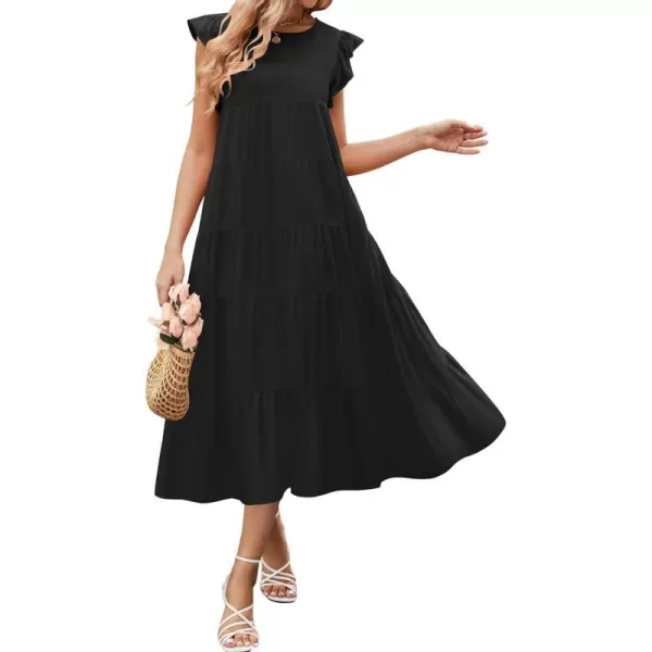 imageZESICA Womens 2024 Summer Ruffle Cap Sleeve Crewneck Casual Loose Flowy Pleated Tiered Midi Dresses with PocketsBlack