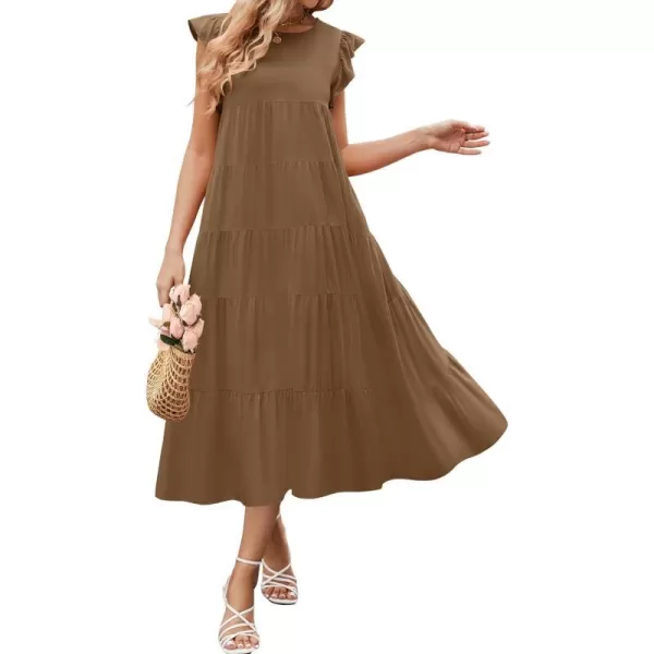 imageZESICA Womens 2024 Summer Ruffle Cap Sleeve Crewneck Casual Loose Flowy Pleated Tiered Midi Dresses with PocketsCoffee