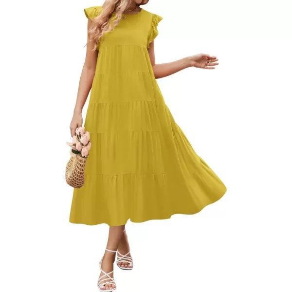 imageZESICA Womens 2024 Summer Ruffle Cap Sleeve Crewneck Casual Loose Flowy Pleated Tiered Midi Dresses with PocketsGinger