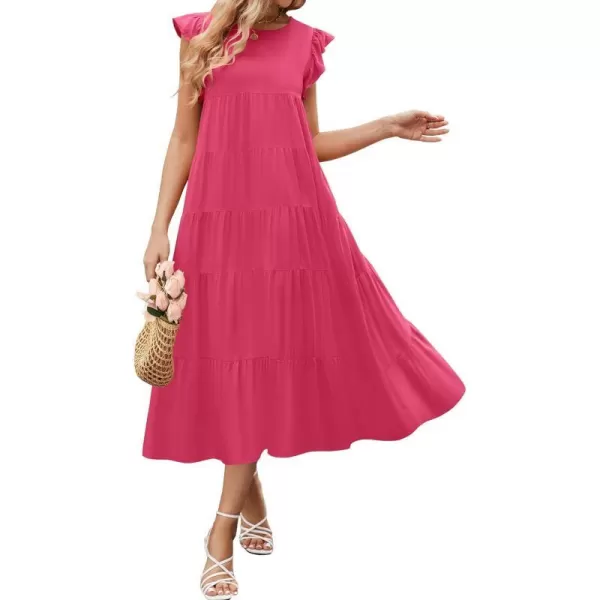 imageZESICA Womens 2024 Summer Ruffle Cap Sleeve Crewneck Casual Loose Flowy Pleated Tiered Midi Dresses with PocketsHotpink
