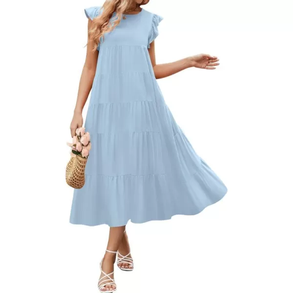 imageZESICA Womens 2024 Summer Ruffle Cap Sleeve Crewneck Casual Loose Flowy Pleated Tiered Midi Dresses with PocketsLightblue