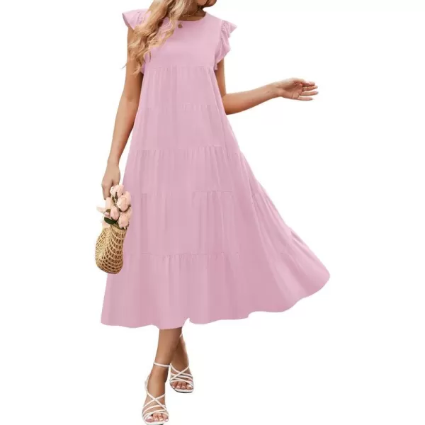 imageZESICA Womens 2024 Summer Ruffle Cap Sleeve Crewneck Casual Loose Flowy Pleated Tiered Midi Dresses with PocketsLightpink