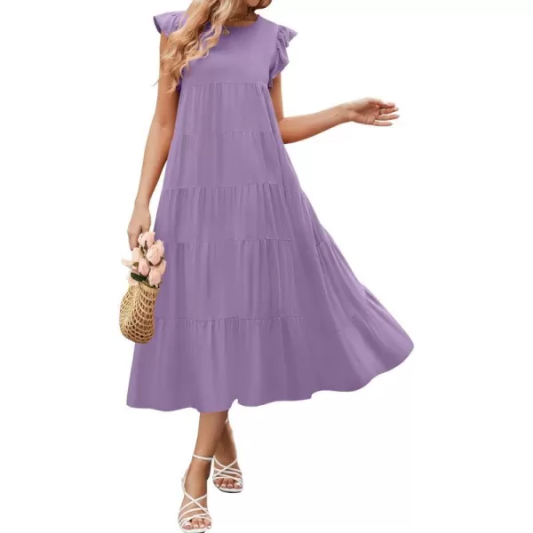 imageZESICA Womens 2024 Summer Ruffle Cap Sleeve Crewneck Casual Loose Flowy Pleated Tiered Midi Dresses with PocketsPurple