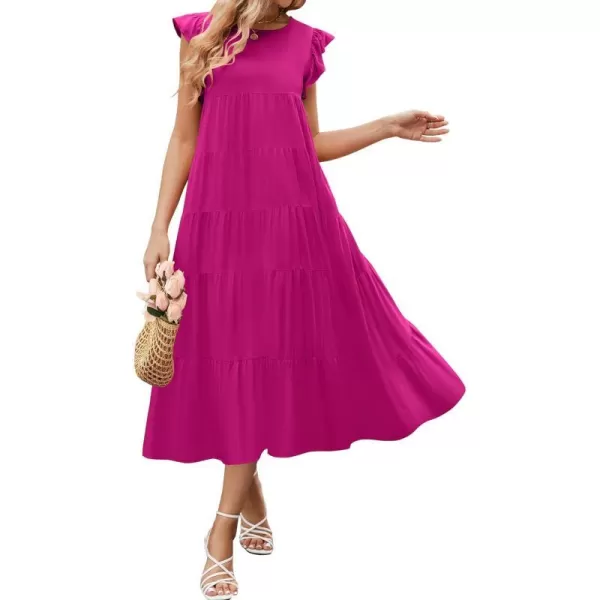 imageZESICA Womens 2024 Summer Ruffle Cap Sleeve Crewneck Casual Loose Flowy Pleated Tiered Midi Dresses with PocketsRose