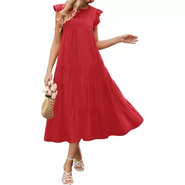 imageZESICA Womens 2024 Summer Ruffle Cap Sleeve Crewneck Casual Loose Flowy Pleated Tiered Midi Dresses with PocketsWatermelon