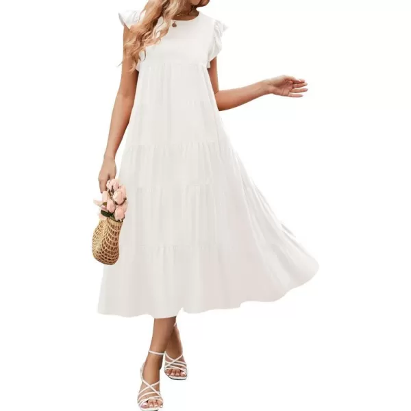 imageZESICA Womens 2024 Summer Ruffle Cap Sleeve Crewneck Casual Loose Flowy Pleated Tiered Midi Dresses with PocketsWhite