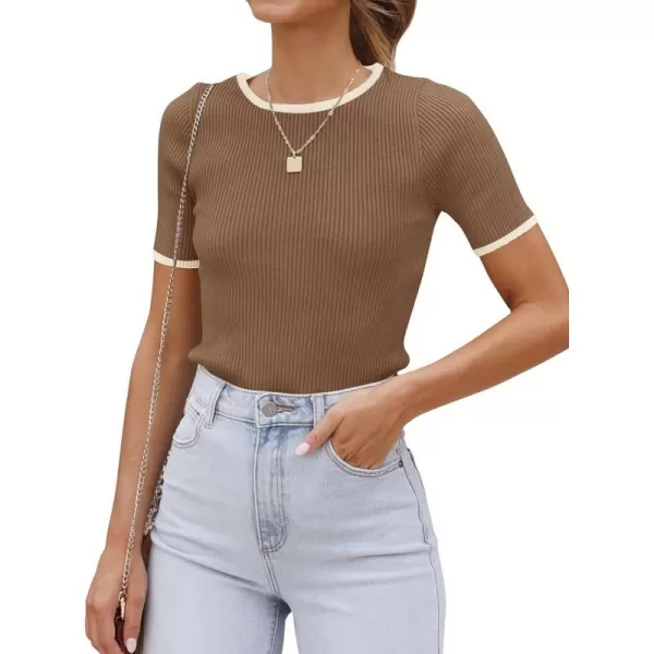 imageZESICA Womens 2024 Summer Short Sleeve Crewneck T Shirt Ribbed Knit Slim Fit Color Block Basic Tees TopsBrown