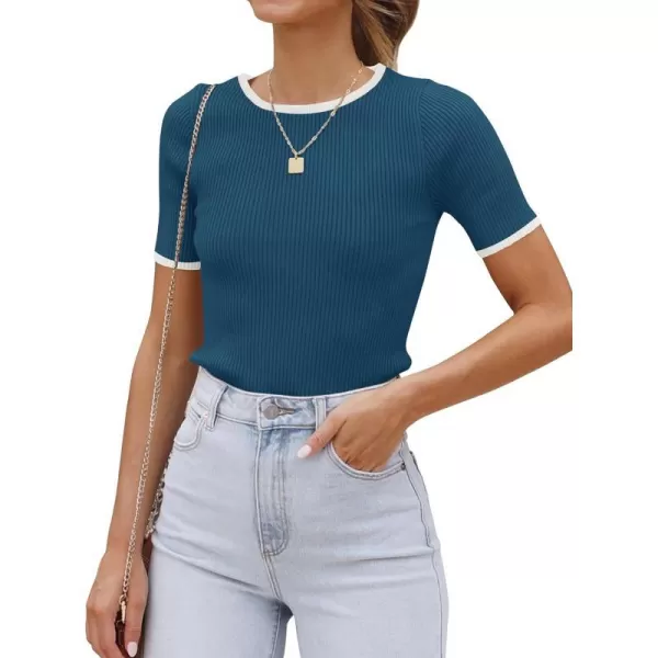 imageZESICA Womens 2024 Summer Short Sleeve Crewneck T Shirt Ribbed Knit Slim Fit Color Block Basic Tees TopsNavy