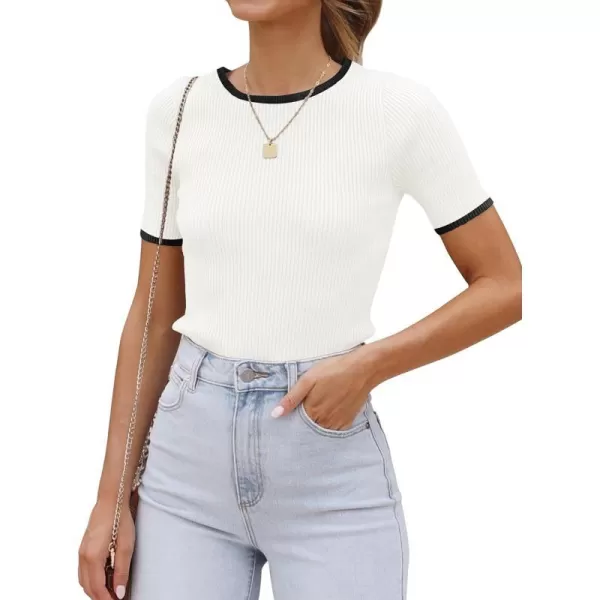 imageZESICA Womens 2024 Summer Short Sleeve Crewneck T Shirt Ribbed Knit Slim Fit Color Block Basic Tees TopsWhite