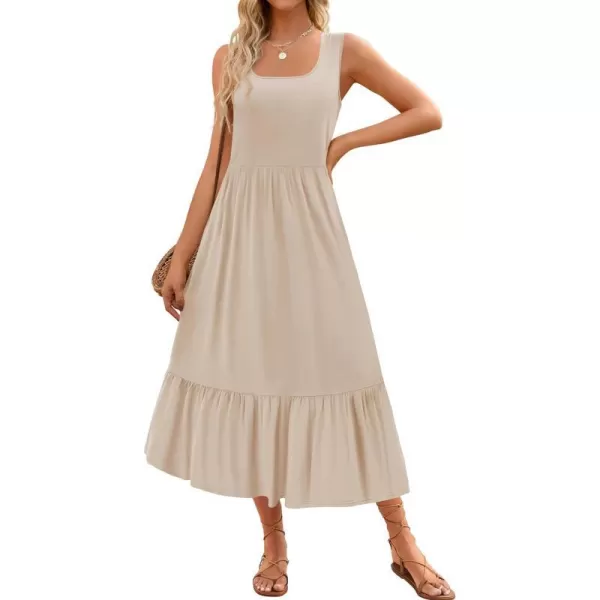 imageZESICA Womens 2024 Summer Sleeveless Dress Square Neck Pleated Tiered Swing Casual Maxi Dresses with PocketsApricot
