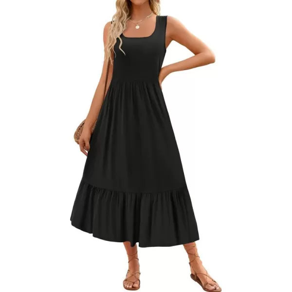 imageZESICA Womens 2024 Summer Sleeveless Dress Square Neck Pleated Tiered Swing Casual Maxi Dresses with PocketsBlack