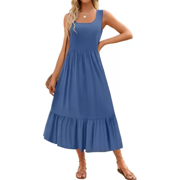 imageZESICA Womens 2024 Summer Sleeveless Dress Square Neck Pleated Tiered Swing Casual Maxi Dresses with PocketsDustyblue