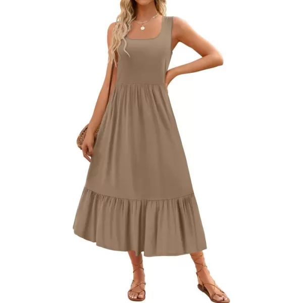 imageZESICA Womens 2024 Summer Sleeveless Dress Square Neck Pleated Tiered Swing Casual Maxi Dresses with PocketsKhaki