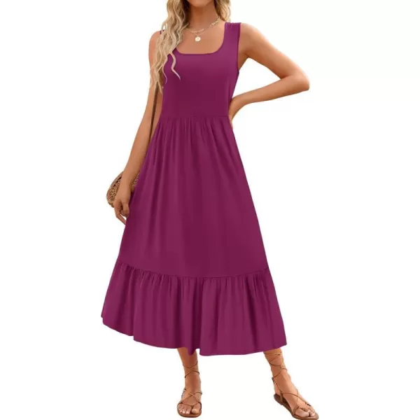 imageZESICA Womens 2024 Summer Sleeveless Dress Square Neck Pleated Tiered Swing Casual Maxi Dresses with PocketsPlum