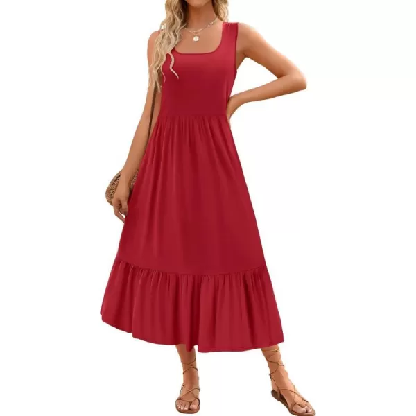 imageZESICA Womens 2024 Summer Sleeveless Dress Square Neck Pleated Tiered Swing Casual Maxi Dresses with PocketsRed