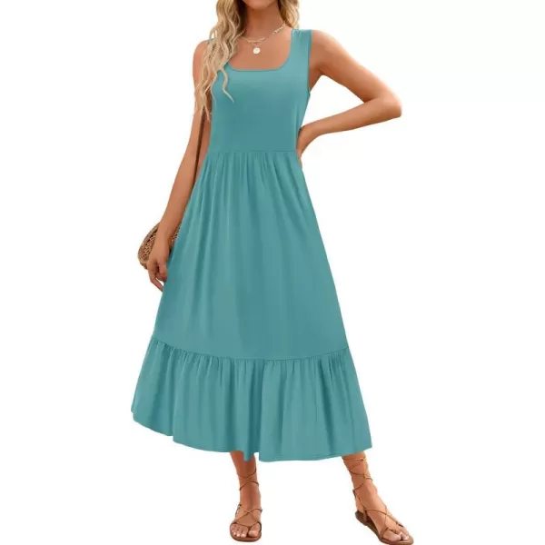 imageZESICA Womens 2024 Summer Sleeveless Dress Square Neck Pleated Tiered Swing Casual Maxi Dresses with PocketsSage