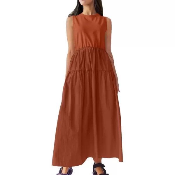 imageZESICA Womens 2024 Summer Sleeveless Midi Dress Casual Crewneck Drawstring High Waist Flowy Tiered Long DressesBrick Red