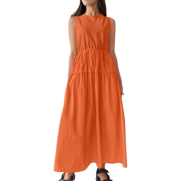 imageZESICA Womens 2024 Summer Sleeveless Midi Dress Casual Crewneck Drawstring High Waist Flowy Tiered Long DressesOrange