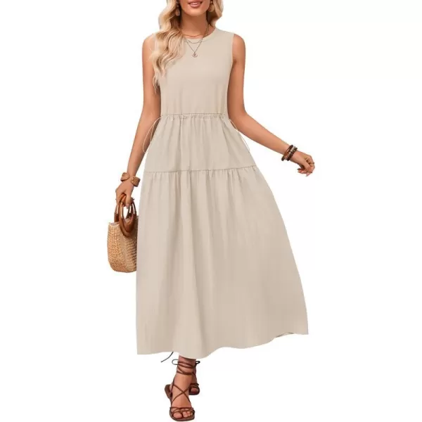 imageZESICA Womens 2024 Summer Sleeveless Midi Dress Casual Crewneck Drawstring Waist Flowy Long Dresses with PocketsApricot