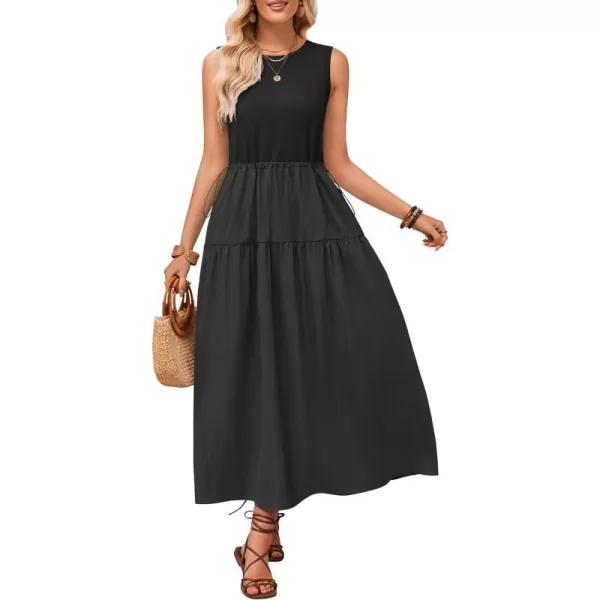 imageZESICA Womens 2024 Summer Sleeveless Midi Dress Casual Crewneck Drawstring Waist Flowy Long Dresses with PocketsBlack