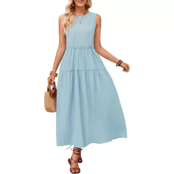 imageZESICA Womens 2024 Summer Sleeveless Midi Dress Casual Crewneck Drawstring Waist Flowy Long Dresses with PocketsBlue