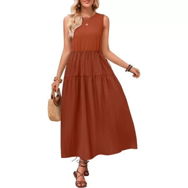 imageZESICA Womens 2024 Summer Sleeveless Midi Dress Casual Crewneck Drawstring Waist Flowy Long Dresses with PocketsBrick Red