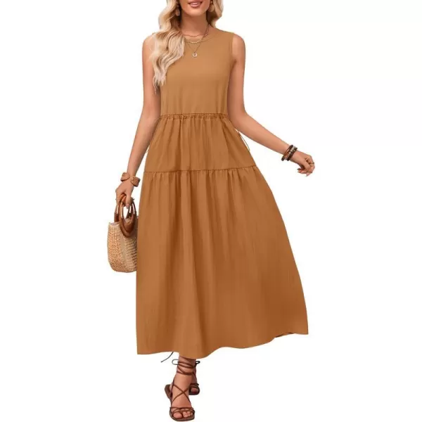 imageZESICA Womens 2024 Summer Sleeveless Midi Dress Casual Crewneck Drawstring Waist Flowy Long Dresses with PocketsClay Brown