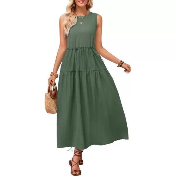 imageZESICA Womens 2024 Summer Sleeveless Midi Dress Casual Crewneck Drawstring Waist Flowy Long Dresses with PocketsDark Green