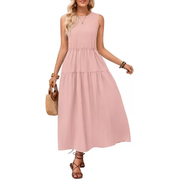 imageZESICA Womens 2024 Summer Sleeveless Midi Dress Casual Crewneck Drawstring Waist Flowy Long Dresses with PocketsDusty Pink