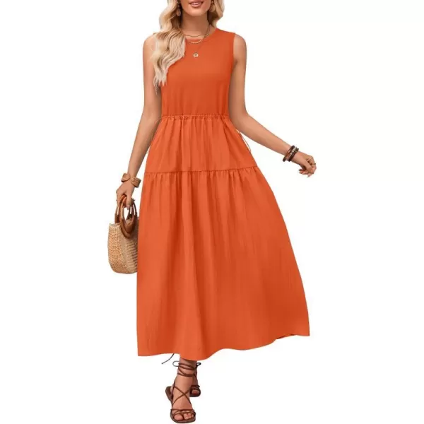imageZESICA Womens 2024 Summer Sleeveless Midi Dress Casual Crewneck Drawstring Waist Flowy Long Dresses with PocketsOrange