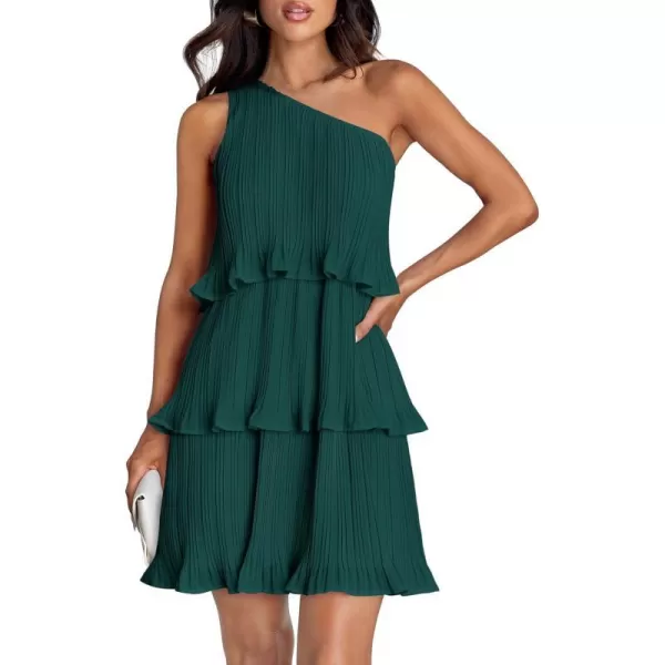 imageZESICA Womens 2024 Summer Sleeveless Mini Dress Boho One Shoulder Ruffle Tiered Layered Chiffon Flowy A Line DressesDarkgreen