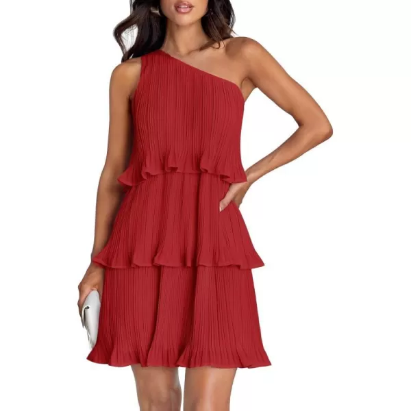 imageZESICA Womens 2024 Summer Sleeveless Mini Dress Boho One Shoulder Ruffle Tiered Layered Chiffon Flowy A Line DressesRed
