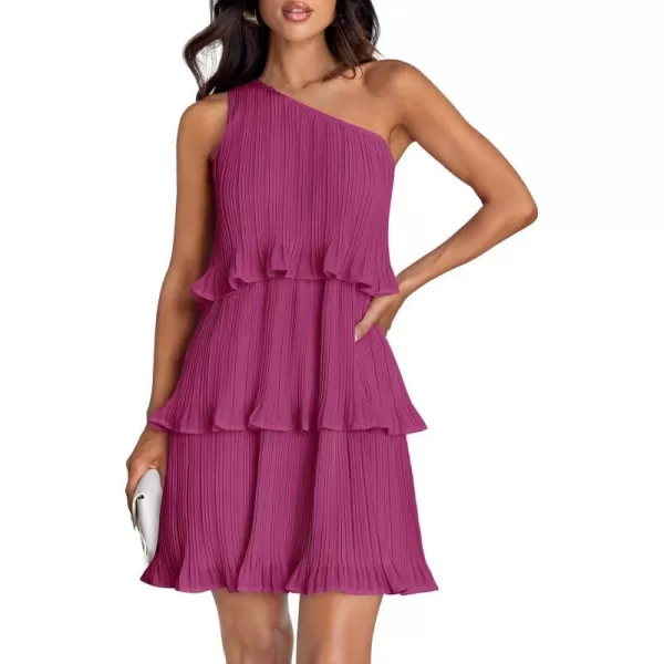 imageZESICA Womens 2024 Summer Sleeveless Mini Dress Boho One Shoulder Ruffle Tiered Layered Chiffon Flowy A Line DressesRose