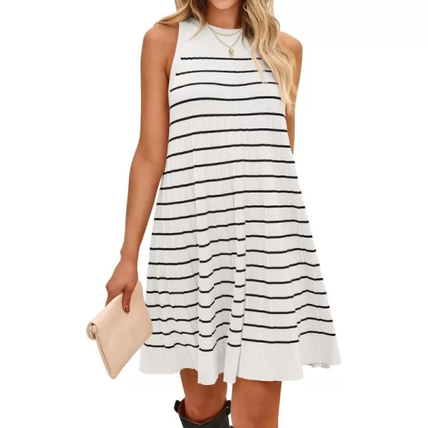 imageZESICA Womens 2024 Summer Sleeveless Tank Dress Crewneck Striped Knit Pleated A Line Casual Short Mini DressesBeige