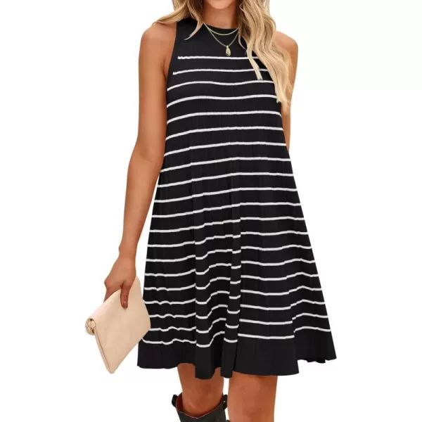 imageZESICA Womens 2024 Summer Sleeveless Tank Dress Crewneck Striped Knit Pleated A Line Casual Short Mini DressesBlack